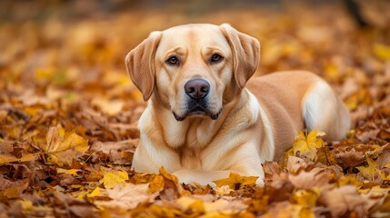 Wall Mural - A Labrador Retriever dog lying down comfortably in a pile of vibrant autumn leaves creating a cozy and peaceful scene with copy space for text or design elements