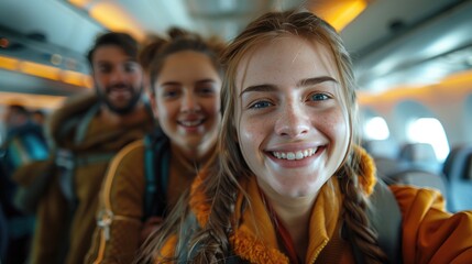 Wall Mural - Parents and their teenage children, taking a selfie with the airplane cabin in the background, all smiling brightly. 