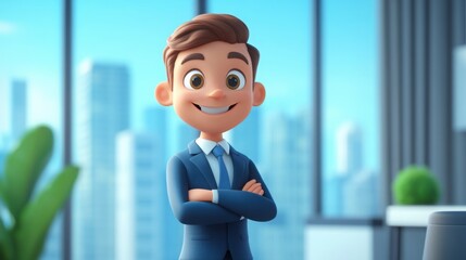 3d style cartoon character Young guy student startup businessman in business suit. Modern bright office with large windows overlooking the city, skyscrapers.