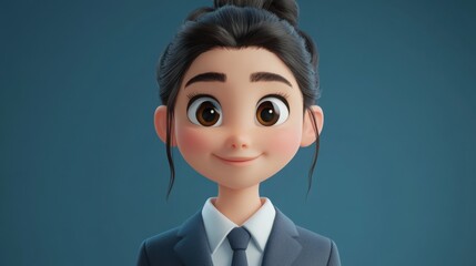 Wall Mural - 3d style cartoon character Young female student startup businesswoman in business suit. Solid pastel background