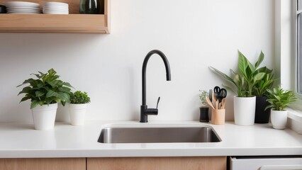 Minimalist Kitchen Sink with Black Faucet and Plants