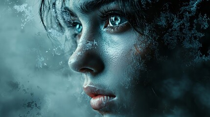 Wall Mural - A close-up portrait of a young person with striking eyes, evoking a cold, ethereal atmosphere.