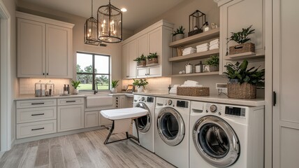 Wall Mural - Stylish laundry room featuring modern appliances, elegant decor, and ample storage, perfect for efficient home organization.