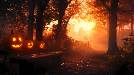 Wall Mural - A spooky forest sunset with a haunted evil glowing eyes of Jack O' Lanterns on the left of a wooden bench on a scary halloween night. 