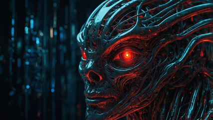 Wall Mural - Futuristic cyborg head with glowing red eyes, metallic and intricate design in a dark background.