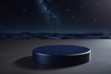 Blank round thin podium wrapped in shimmering midnight blue satin rests on a glossy obsidian floor, with a starry, defocused night sky surface in the background. Made with generative AI technology