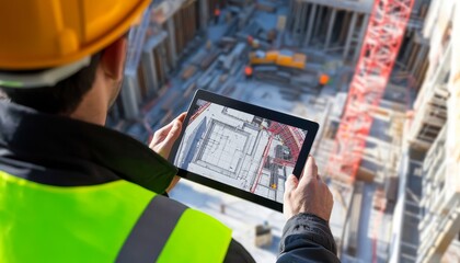 Engineer on construction site using 5g to download architectural plans and 3d models in real time