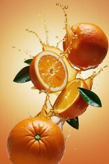 Wall Mural - A close up of three oranges with a splash of orange juice