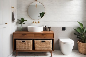 Wall Mural - Modern Bathroom with Wooden Vanity, White Sink, and Wicker Baskets