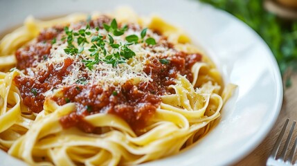 Canvas Print - A close-up of a pasta dish with a rich sauce, herbs, and grated cheese, arranged artistically on a white plate, showcasing its gourmet presentation.