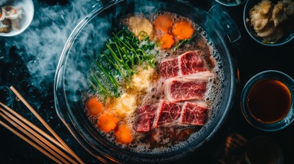 Sticker - A close-up of a shabu-shabu meal from above, showcasing thinly sliced beef and fresh vegetables cooking in a bubbling hot pot, with chopsticks and dipping sauces on the side.