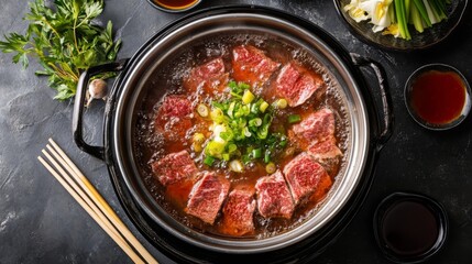 Sticker - A close-up of a shabu-shabu meal from above, showcasing thinly sliced beef and fresh vegetables cooking in a bubbling hot pot, with chopsticks and dipping sauces on the side.