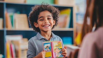 A young boy smiles and holds a book in a classroom setting.