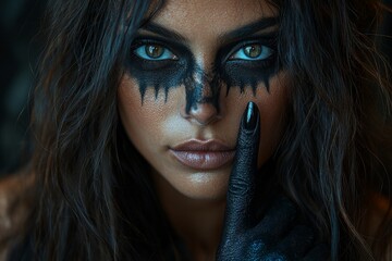 Poster - A beautiful woman with Halloween sugar skull makeup shows a silent gesture. Close up studio portrait.