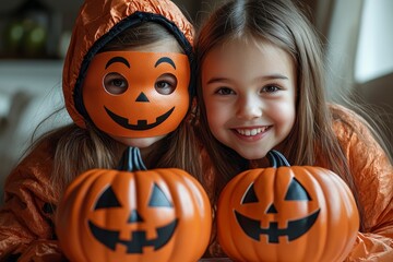 Women and girls cover their faces with pumpkins during a Halloween party.