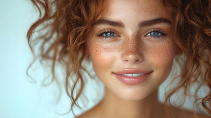 Wall Mural - joyous young woman with bouncy curls beaming against crisp white studio background radiant natural beauty exuding happiness and confidence