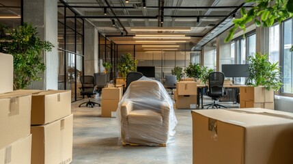 Canvas Print - A room with a chair and boxes in it, covered by plastic, AI