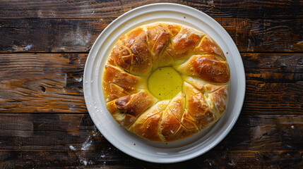 Canvas Print - Freshly baked round loaf of bread with olive oil in the center, resting on a rustic wooden table