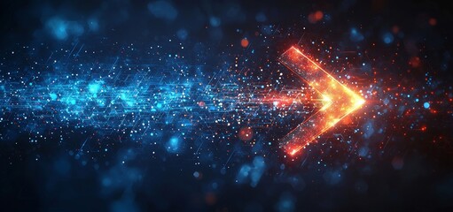 Fototapete - A blue background with arrows and circles represents technology elements. Light lines add dimension and modernity to the work.
