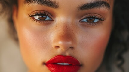 Wall Mural - A close-up of a woman's face, highlighting her bold red lipstick and perfectly shaped eyebrows, with the rest of the image subtly blurred.