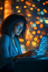 Focused Young Woman Working Late on Laptop, Coding or Programming Against City Lights Backdrop.