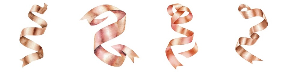 Wall Mural - A shiny metallic rose gold ribbon, watercolor illustration, modern festive style, isolated on white background