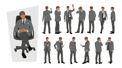 Businessman character in different poses. Handsome business man in formal suit standing, walking, sitting, with phone, front, back, side view. Vector realistic illustration set, transparent background