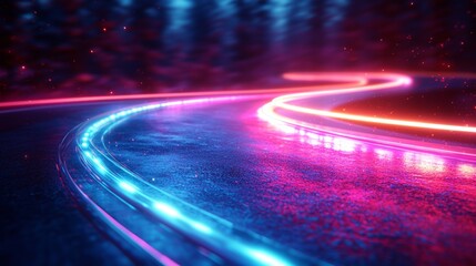Aufkleber - In this 3D neon light background, a trail of upward curving lights illustrate the concept of high speed.