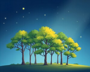 Canvas Print - a cartoon illustration of a group of trees in a field at night.