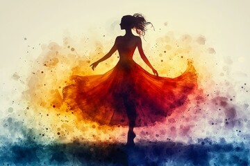 Leinwandbilder - In soft pastels, an abstract watercolor pattern depicts a silhouette of a dancer in a dynamic pose