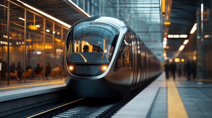 Aufkleber - A close-up of an electric train arriving at a modern urban station, with sleek, shiny exterior and passengers waiting on the platform.
