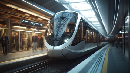 Aufkleber - A close-up of an electric train arriving at a modern urban station, with sleek, shiny exterior and passengers waiting on the platform.
