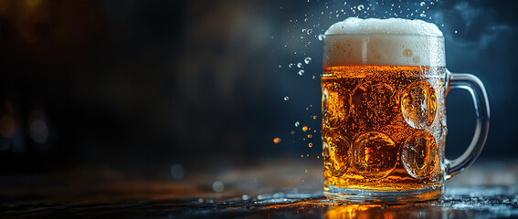 Dynamic photo of a frosty mug filled with fresh cool beer, with beer foam on top