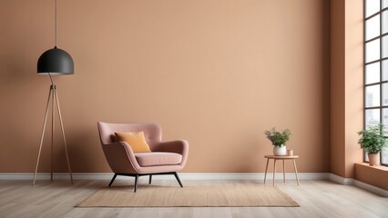 Wall Mural - Minimalist Living Room with a Pink Armchair, a Wooden Tripod Floor Lamp, and a Small Side Table with a Potted Plant