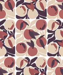 Wall Mural - Retro groovy fruits design for fabric prints. Aesthetic contemporary peaches seamless pattern. Vector illustration.