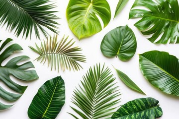 Different tropical leaves on white background