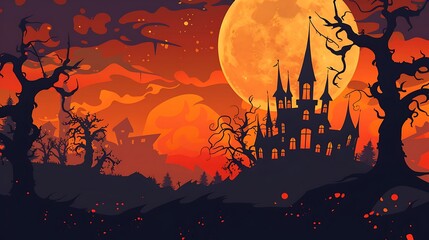 Spooky Halloween Castle Under a Full Moon