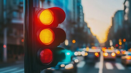 Aufkleber - A close-up view of a traffic light with red, yellow, and green lights visible, showing its role in regulating city traffic.