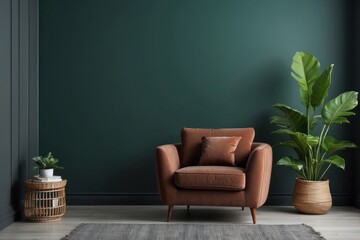 Wall Mural - Brown Velvet Armchair with Pillow in a Green Room with a Plant