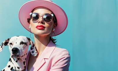 Poster - Dressed in chic attire, a fashionable woman elegantly holds her Dalmatian. The brilliant blue background enhances her striking look, creating a vibrant atmosphere