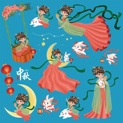 Canvas Print - Vintage Mid Autumn Festival poster design Chinese Goddess of Moon, rabbit character. Translation: Mid Autumn Festival, Fifteen of August.