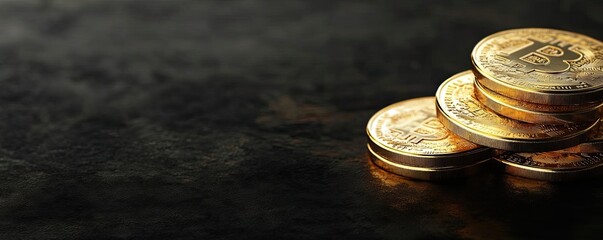 Close-up of stacked golden coins on a dark background, symbolizing wealth, investment, and digital currency highlights.