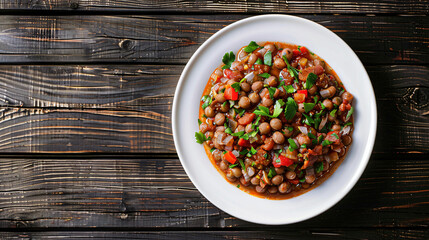 Poster - Pigeon peas stew with tomatoes, onion and parsley served on a white plate on a rustic wooden table