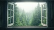 © ItziesDesign - A serene view of a misty forest through an open window, inviting tranquility and a connection with nature.
