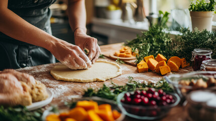 Thanksgiving meal prep: close-up of traditional dishes being made from scratch