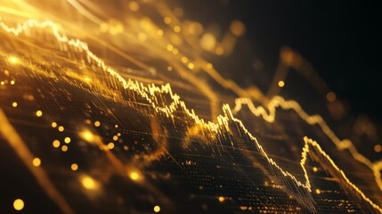 Poster - A detailed shot of a 3D line graph illustrating stock market performance, with golden lines and data points creating a sleek and modern financial visualization.