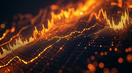 Poster - A detailed shot of a 3D line graph illustrating stock market performance, with golden lines and data points creating a sleek and modern financial visualization.