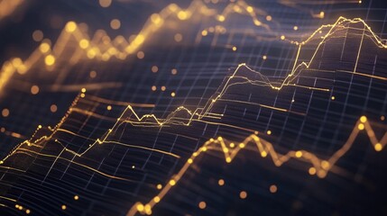 Poster - A detailed shot of a 3D line graph illustrating stock market performance, with golden lines and data points creating a sleek and modern financial visualization.