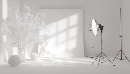 A minimalist studio setup with soft lighting and decorative elements for photography.