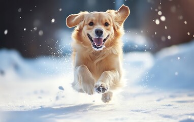 Wall Mural - Golden retriever dog running in the snow with ears flapping in the wind.